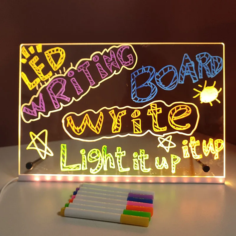 LED memo board with night light and 7 colored markers, acrylic board for messages, Painting and Drawing.
